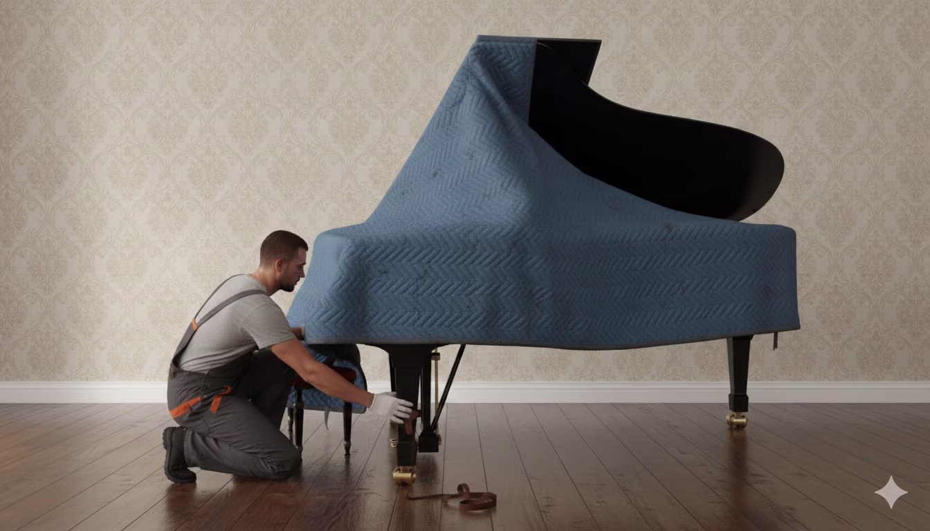 Piano wrapped with blankets for safe moving